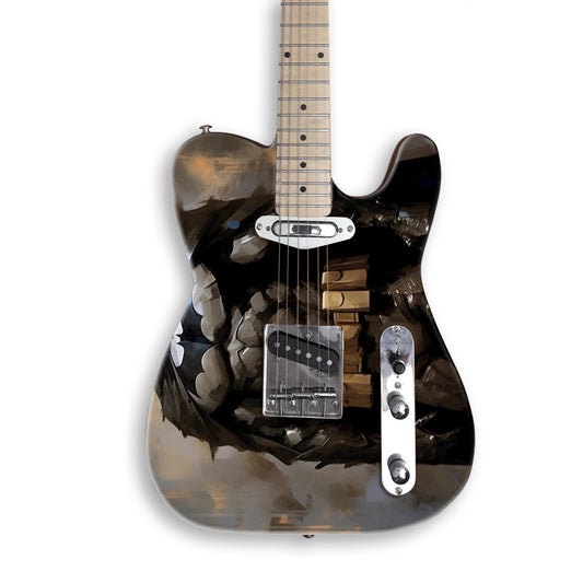 Shadow Vigilante Portrait guitar skin on a black Tele-style guitar