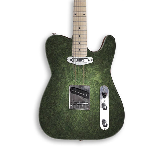 Dark Woodland Camo guitar skin on a black Tele-style guitar