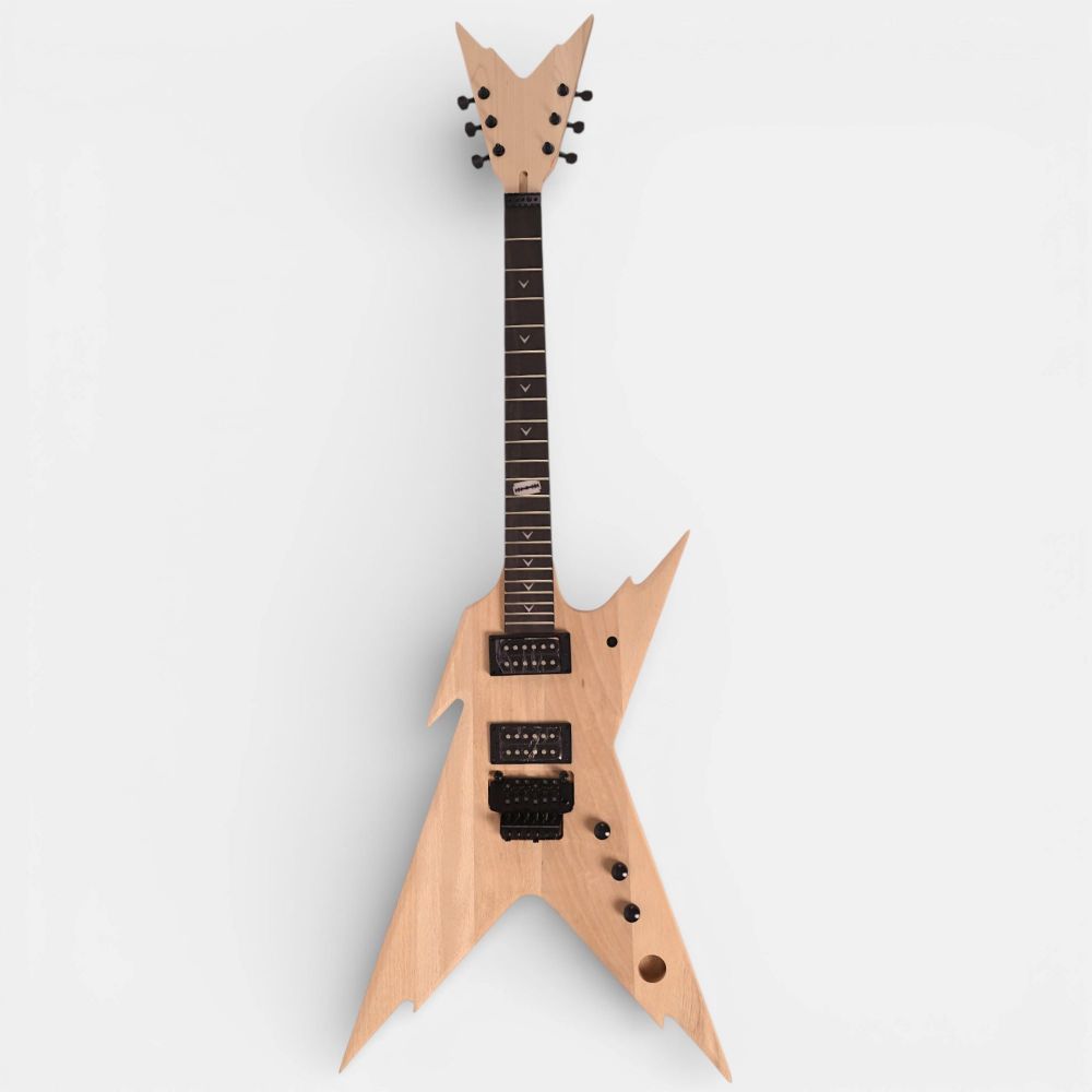 Fully assembled Dean Razorback DIY Guitar Kit in natural mahogany with black pickguard and solderless electronics