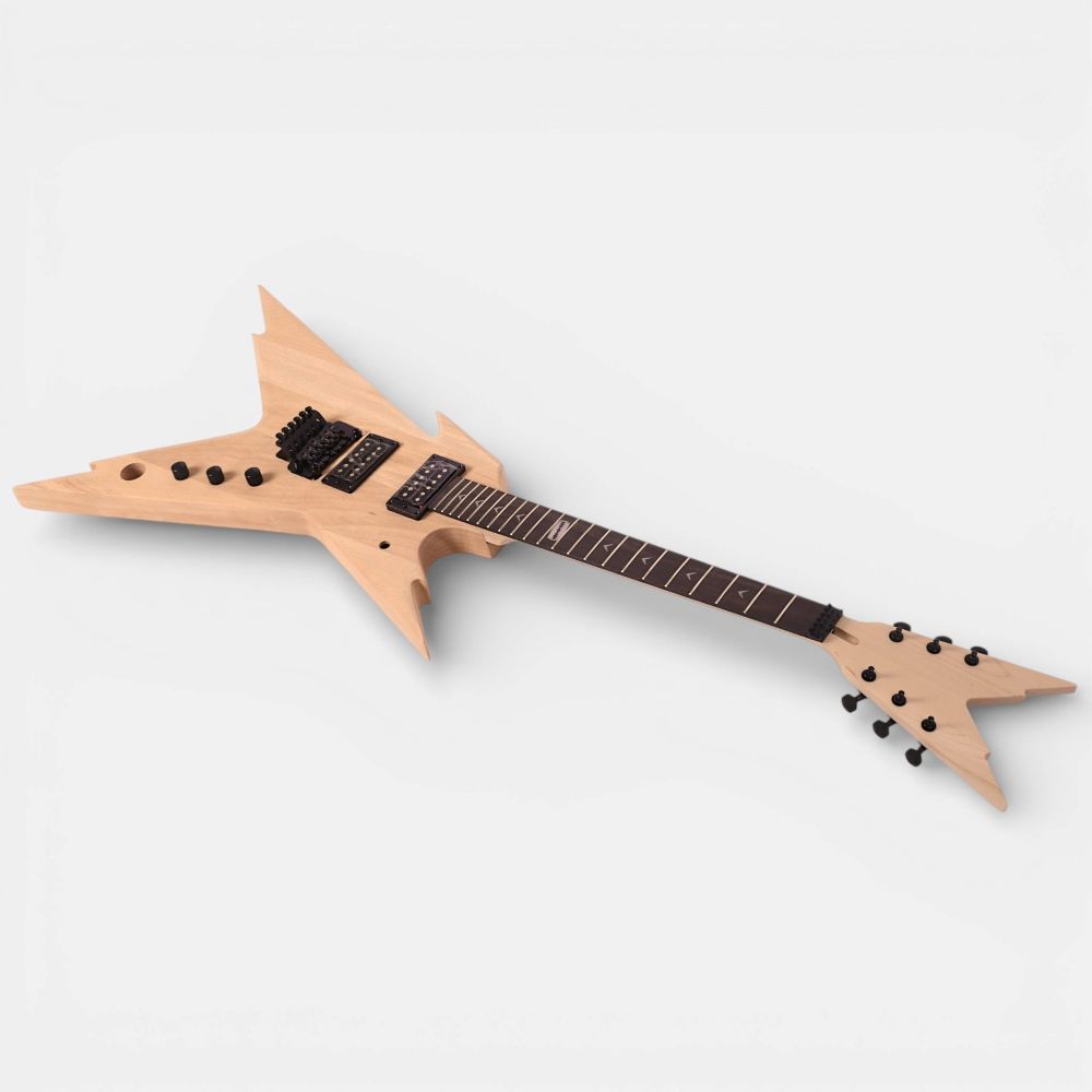 Partially assembled mahogany body with pickups and electronics installed alongside neck assembly