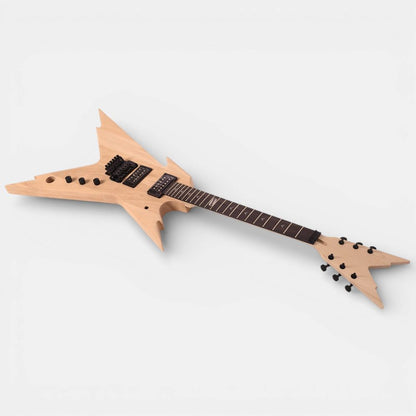 Partially assembled mahogany body with pickups and electronics installed alongside neck assembly
