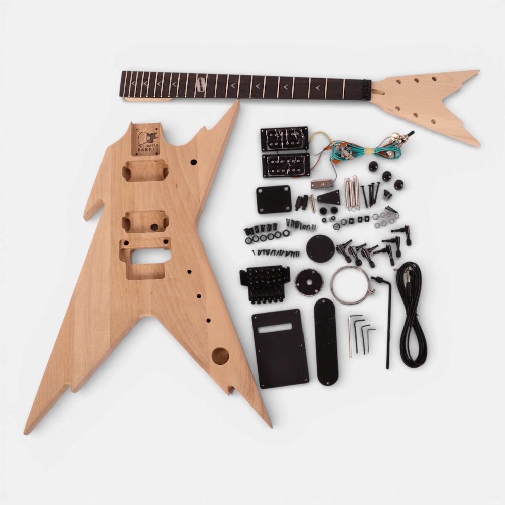 DIY Guitar Kit Dean Razorback complete assembly with unfinished mahogany body, neck, and all hardware components laid flat