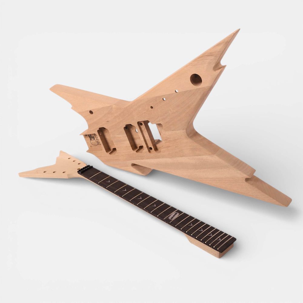 Isometric view of unfinished mahogany body with routed pickup cavities and maple neck showing fretboard detail