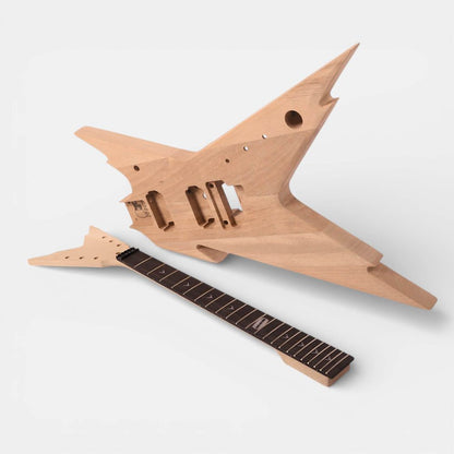Isometric view of unfinished mahogany body with routed pickup cavities and maple neck showing fretboard detail