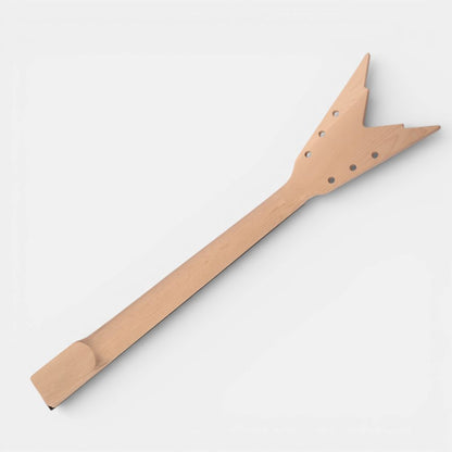Unfinished maple neck back view showing headstock shape and string tuner mounting holes along spine