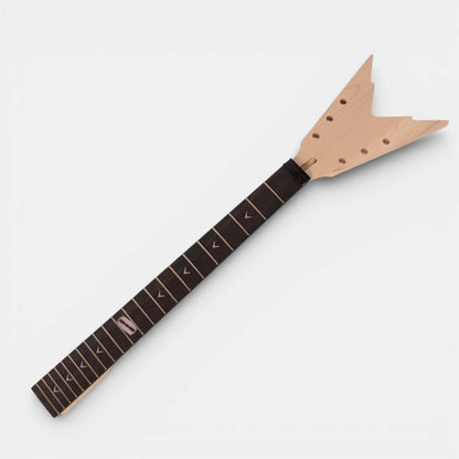 Assembled maple neck with dark fretboard and fret markers displayed at angle for detail visibility