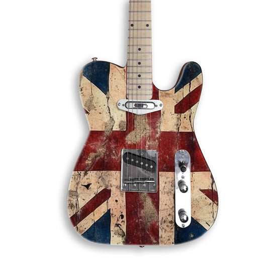 Faded Union Jack guitar skin on a black Tele-style guitar