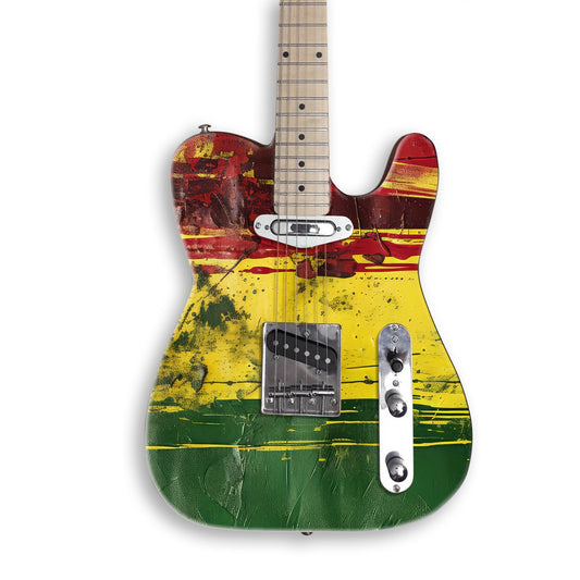 Distressed Rasta Stripes guitar skin on a black Tele-style guitar