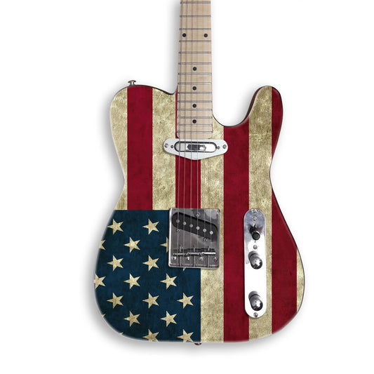 Distressed Stars and Stripes guitar skin on a black Tele-style guitar