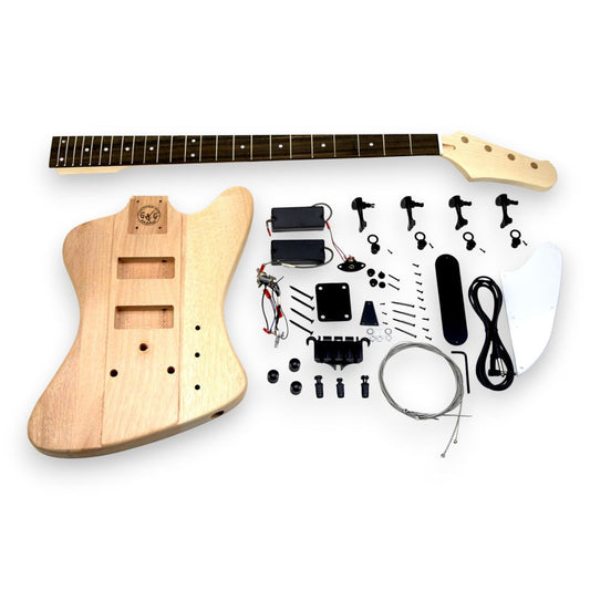 DIY Electric Bass Kit FB complete assembly with unfinished body, neck, hardware and electronics laid flat
