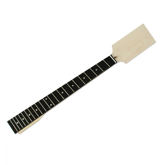 Paddle Guitar Neck in maple with ebony fretboard showing 22 frets and dot inlays, full length view