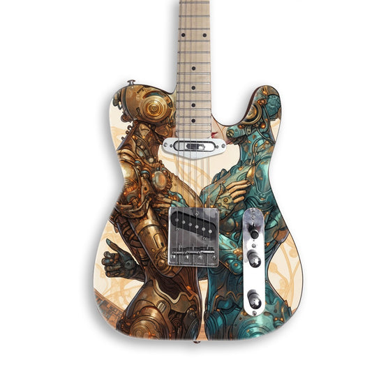 Skin per chitarra Robot innamorati su una chitarra nera stile Tele