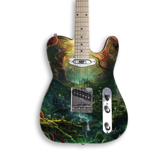 Enchanted Creature Forest guitar skin on a black Tele-style guitar