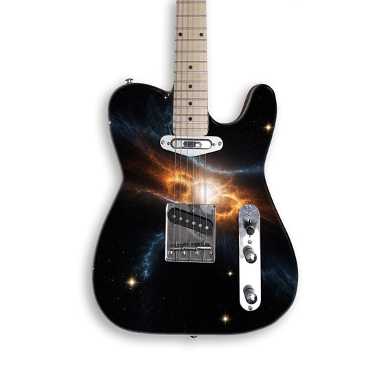 Skin per chitarra Nebulosa stellare su una chitarra nera stile Tele
