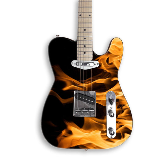 Flame guitar skin on a black Tele-style guitar
