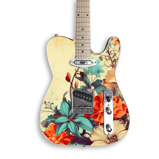 Flower guitar skin on a black Tele-style guitar