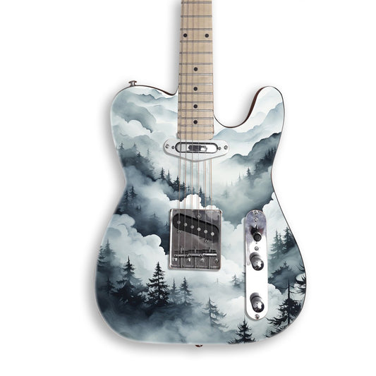 Forest in the Fog guitar skin on a black Tele-style guitar