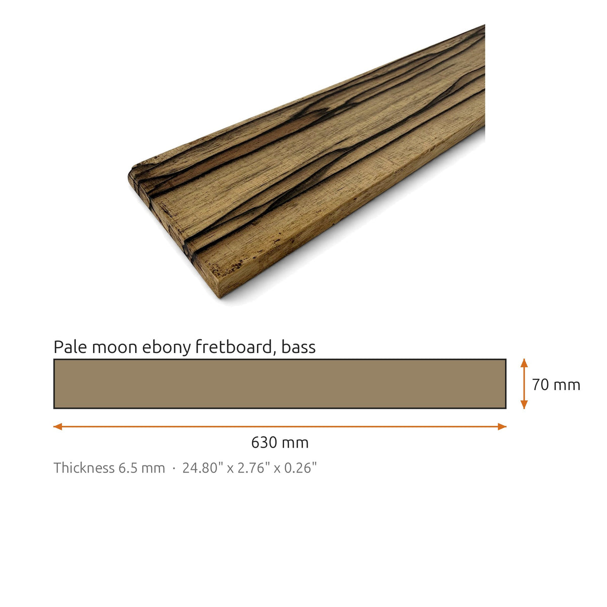 Fretboard blank in pale moon ebony for guitar or bass, unslotted