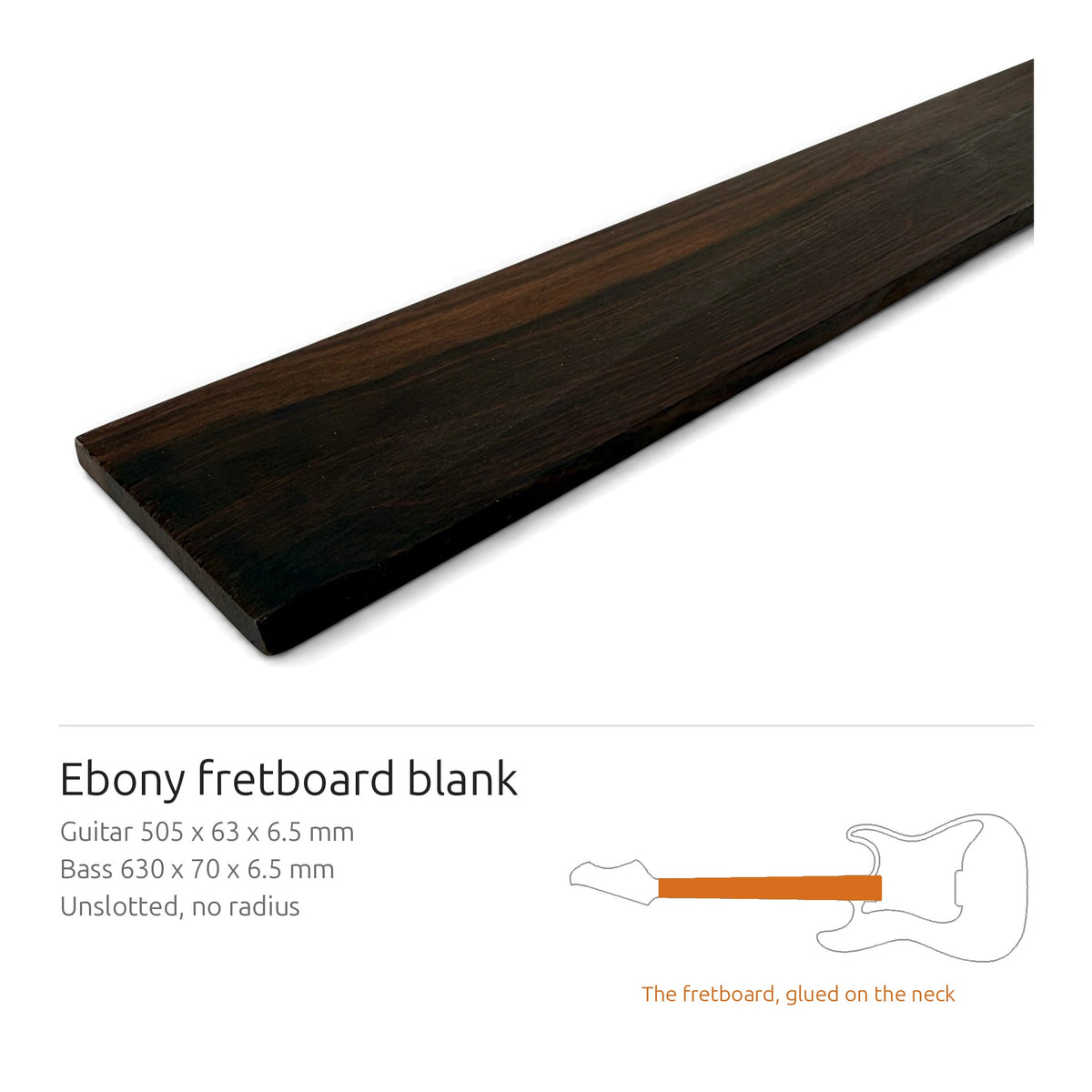 Fretboard blank in ebony for guitar or bass, unslotted