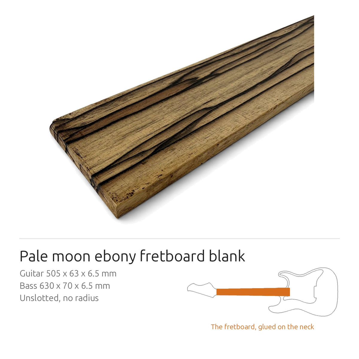Fretboard blank in pale moon ebony for guitar or bass, unslotted