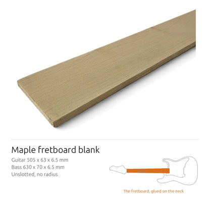 Fretboard blank in maple for guitar or bass, unslotted