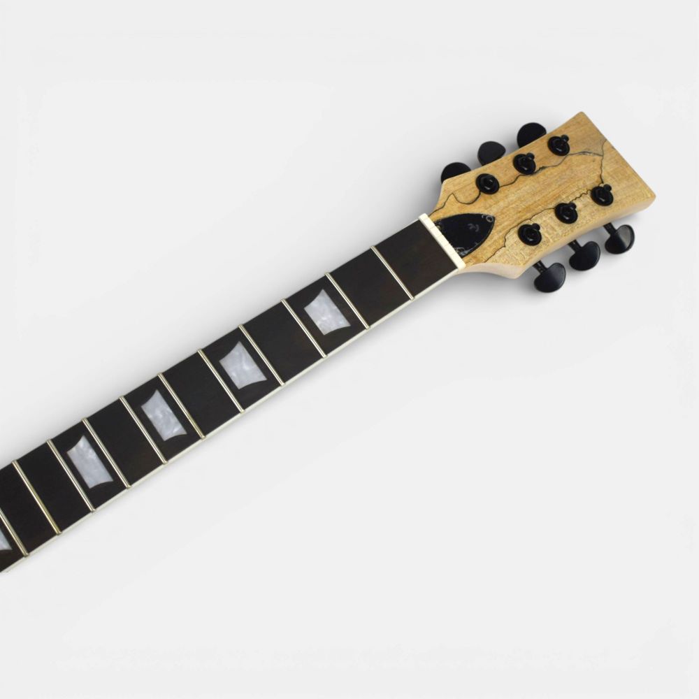 Headstock and upper fretboard close-up showing white pearl inlays on ebony fretboard