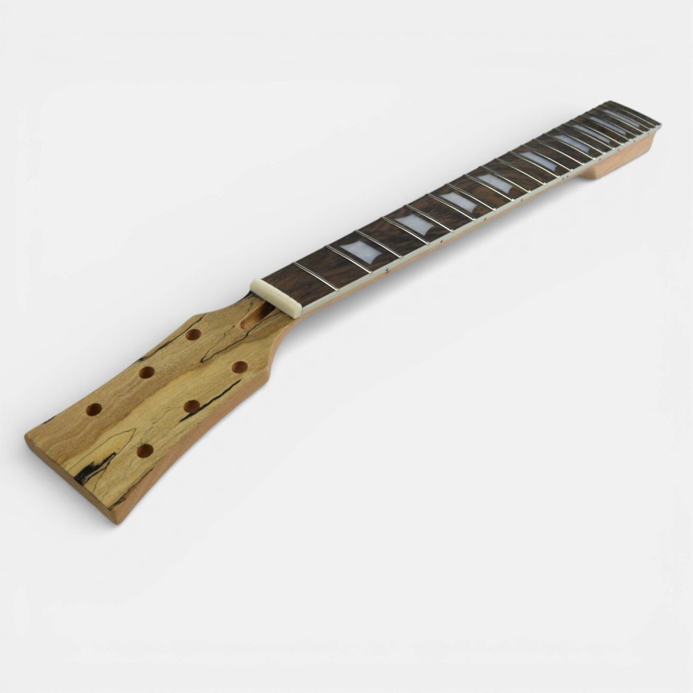 Ebony fretboard with 22 frets and white pearl inlays displayed at angled overhead view