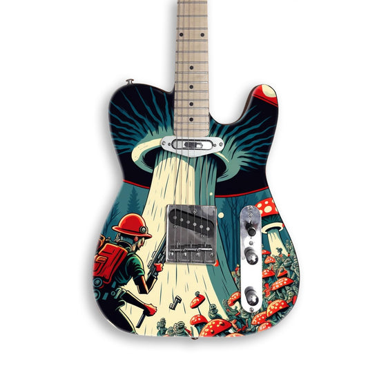 Skin per chitarra Foresta di funghi su una chitarra nera stile Tele