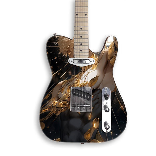 Skin per chitarra Cyborg dorato su una chitarra nera stile Tele