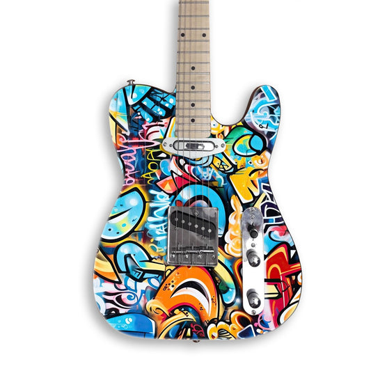 Graffiti guitar skin on a black Tele-style guitar