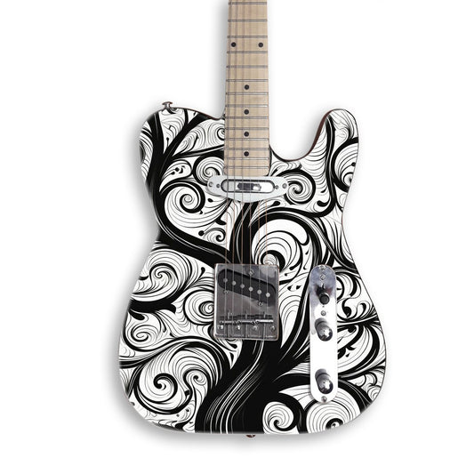 Graphic Tree guitar skin on a black Tele-style guitar