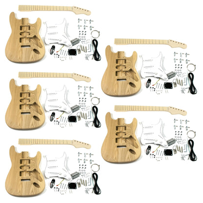 Five ST Classic DIY guitar kits laid out for a group build