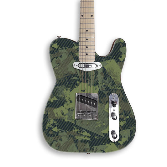Grunge Woodland Camo guitar skin on a black Tele-style guitar