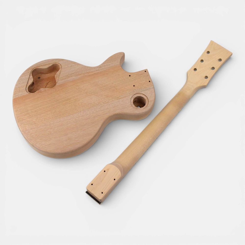 Unfinished mahogany Single Cut body and bolt-on neck showing rear and side profile details