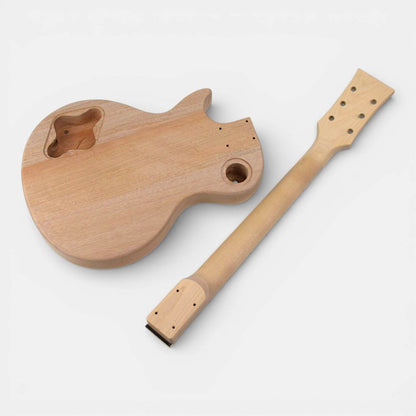 Unfinished mahogany Single Cut body and bolt-on neck showing rear and side profile details