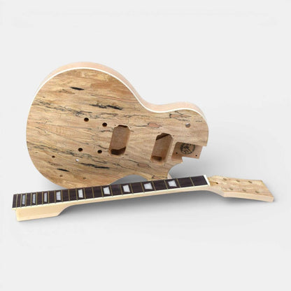 Spalted Single Cut guitar body and ebony fretboard with 22 frets viewed from three-quarter angle