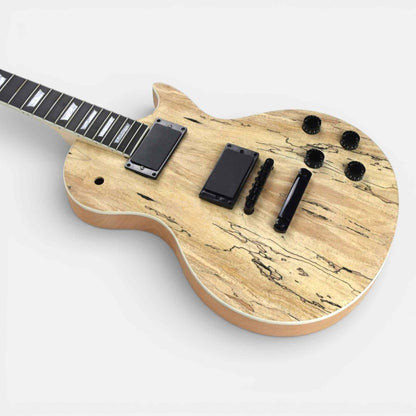 Assembled Single Cut kit with black pickups and hardware installed on spalted body