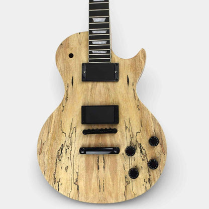 Spalted Single Cut guitar front view showing ebony fretboard, pickups, and black volume knobs
