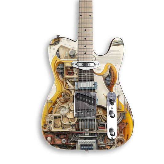 Tech guitar skin on a black Tele-style guitar
