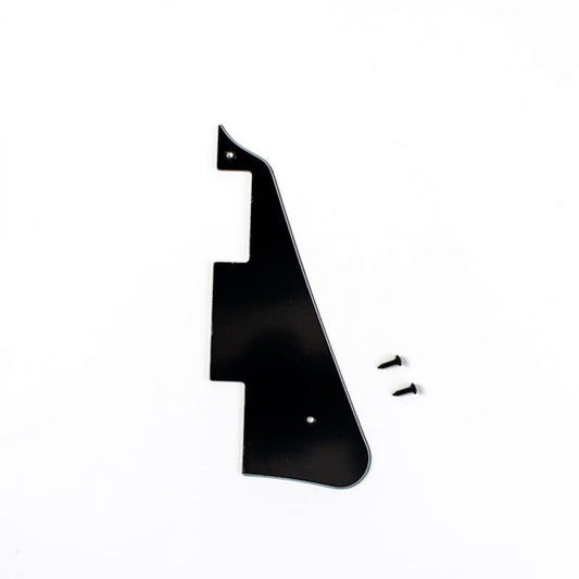Black LP pickguard shown flat with two included black screws displayed alongside