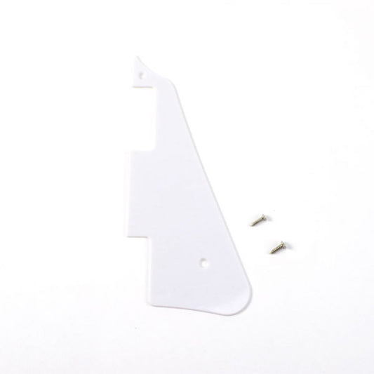 White LP pickguard shown flat with included chrome-finished mounting screws displayed beside it.