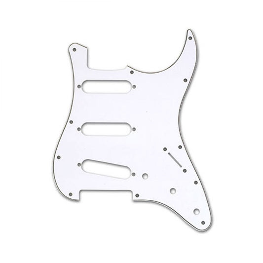 White Strat pickguard front view with three-pickup cutouts and screw holes