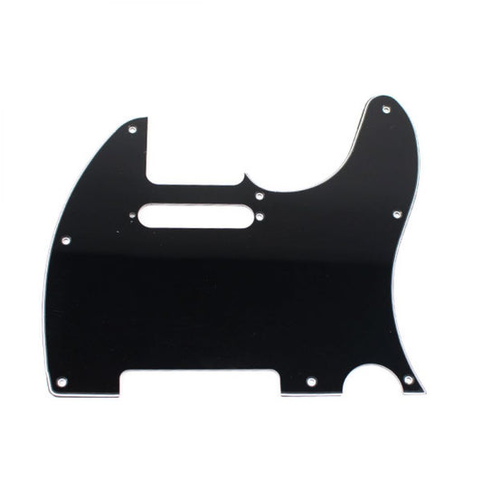 Black Tele pickguard shown flat from front, displaying classic Telecaster shape with pickup cutout and screw holes.