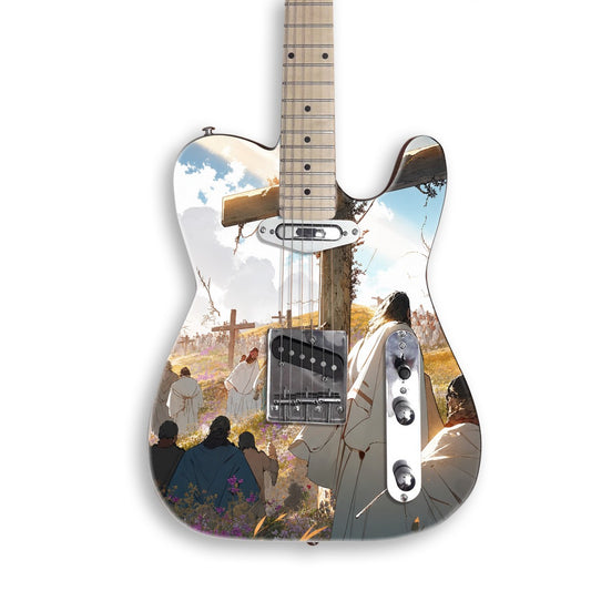Skin per chitarra Croce sulla collina su una chitarra nera stile Tele