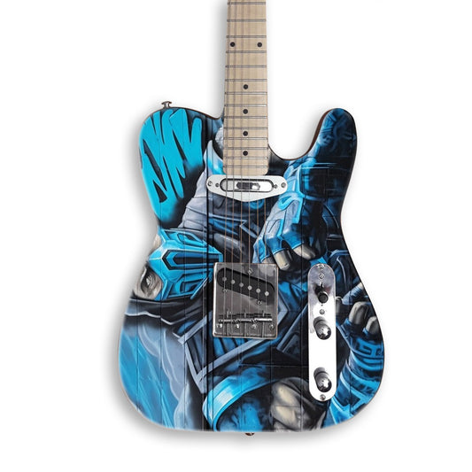 Skin per chitarra Ninja di ghiaccio su una chitarra nera stile Tele