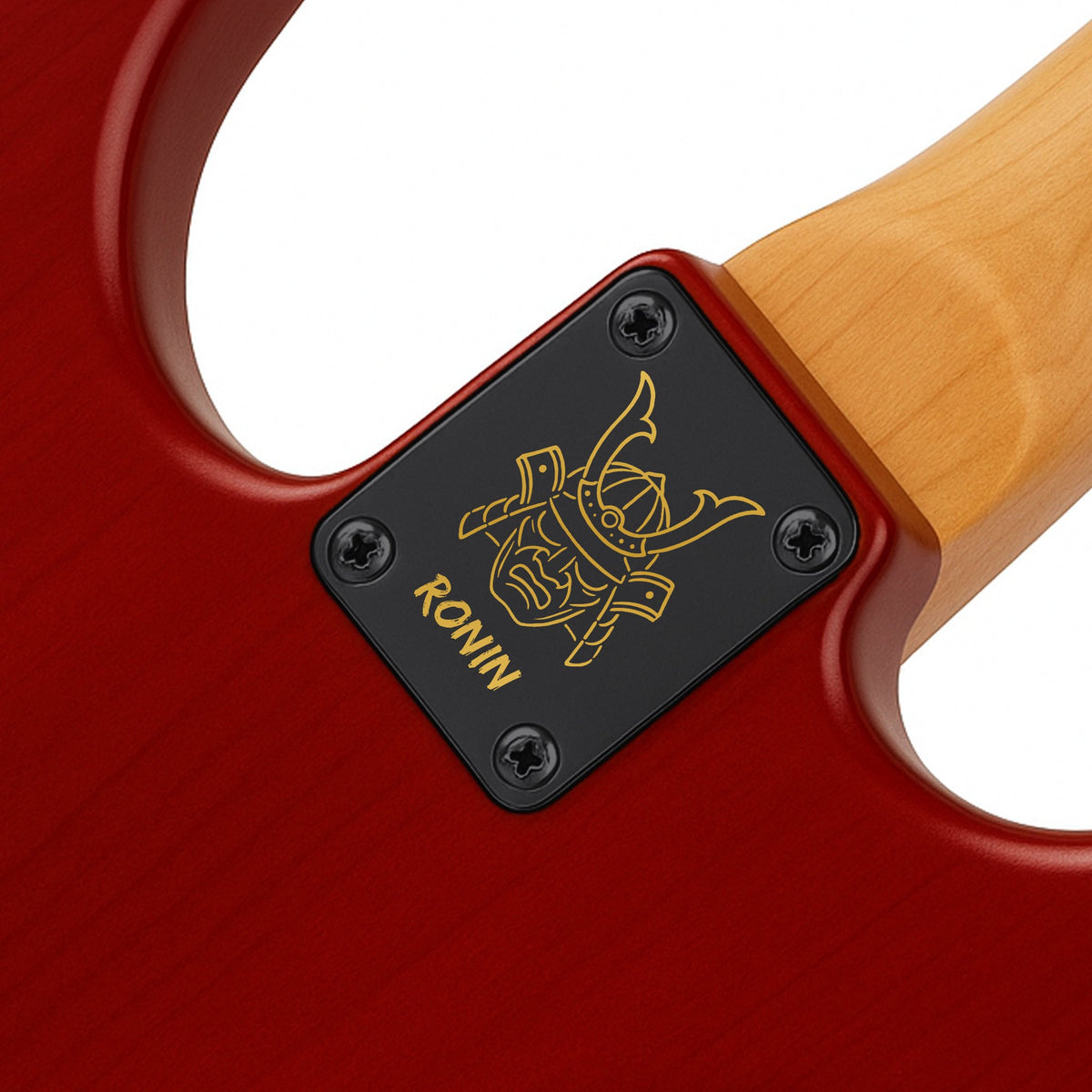 Black neck plate with a gold engraved image and text on the back of a red guitar