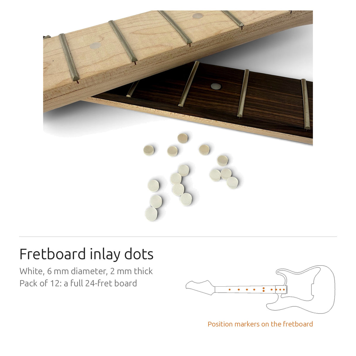 White fretboard inlay dots, 6 mm, on a maple and a rosewood fretboard