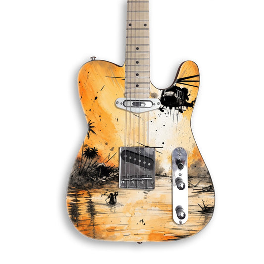 Vinilo para guitarra Helicópteros en una guitarra negra tipo Tele