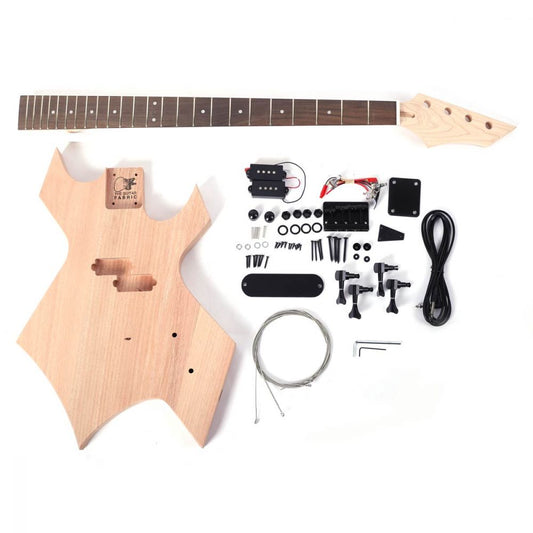 DIY Electric Bass Kit Warlock unassembled parts overhead view showing mahogany body, neck, pickups, and hardware