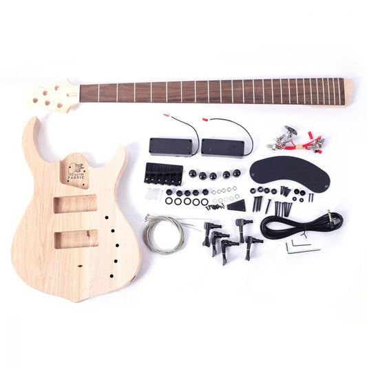 DIY Electric Bass Kit BTB with ash body, rosewood fretboard neck, and complete black solderless hardware components displayed
